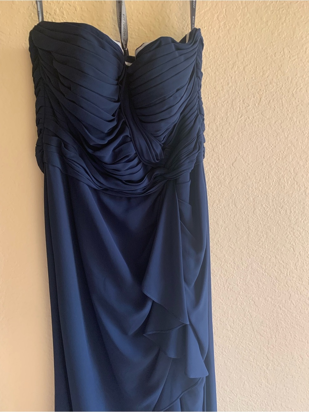 Bill Levkoff Strapless Navy Ruched Bodice Evening Gown